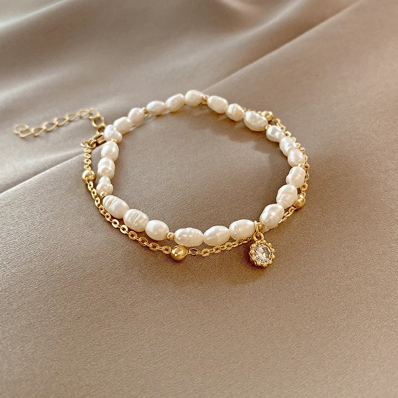 Korean Version of Ins Style Fashion Simple Gold Plated Bracelet Zircon Pearl Design Bracelet