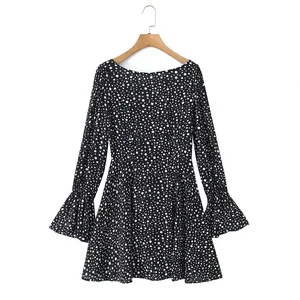 Women's 2026 Autumn New Fashion Printed Retro Casual Dress Backless Long-Sleeved Midi Length Vintage Style