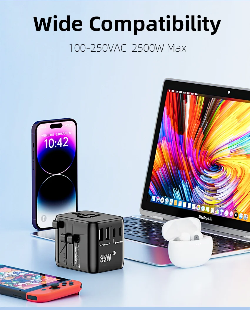 2AC 2500W PD 35W Cargador Fast Charger Multi Plug Socket Universal Travel Power Adapter with 2A3C Gan Travel Adaptor
