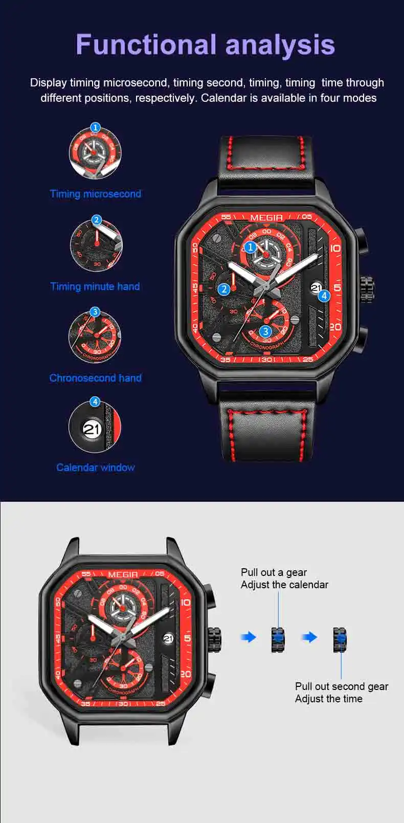 MEGIR 8106 Casual Leather Men's Watches Fashion Square Business Wristwatches Relojes Hombre Luminous Quartz Watches Custom LOGO
