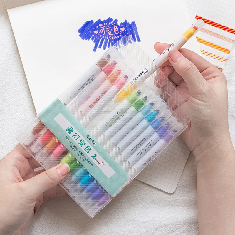 12pcs Creative Magic Color Highlighter Pen Color Changeable Hand Account Marker Pen Set Dual Tip Fluorescent Pen