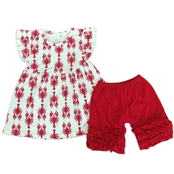 RTS latest best-selling boutique summer girls' suit crab print dress red frilly shorts wholesale boutique children's wear