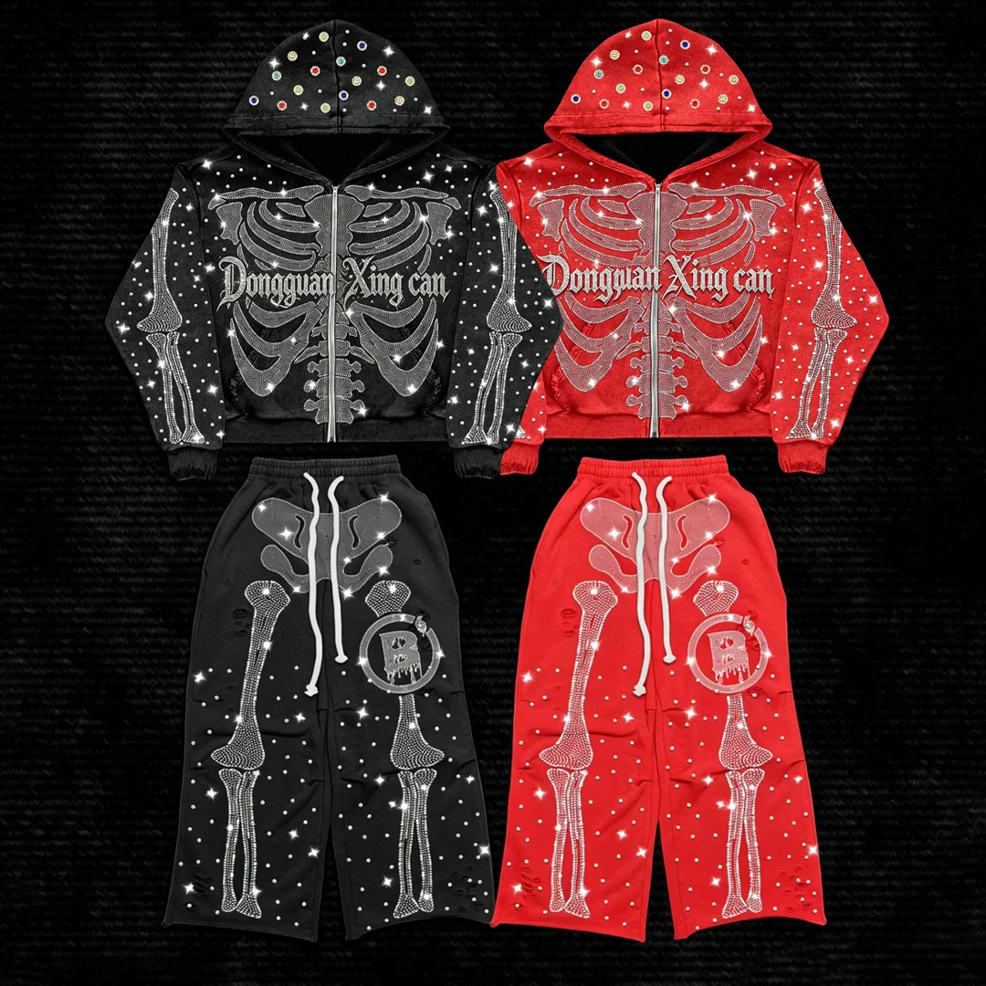 OEM-skelet-strass-hoodie i to dele samt forældet streetwear-tracksuit til grossisthandel