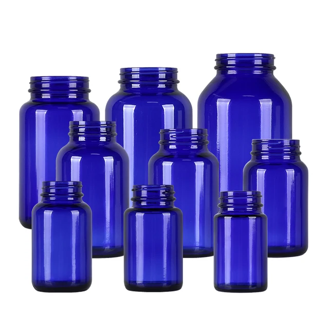 75ml 100ml 120ml 150cc 200cc 250cc 300ml 400ml 500ml Wide Neck Capsule blue Glass Bottle With different Lid For Supplement