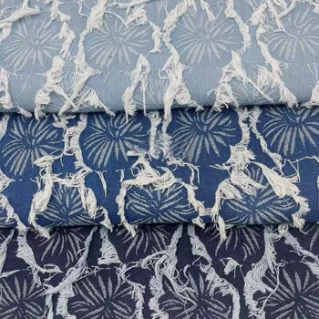 Wholesale of Cut Flower Chrysanthemum Fringe Jacquard Washed Denim Fabric for Pants, Jackets, Skirts, Bags, Hats and Clothing