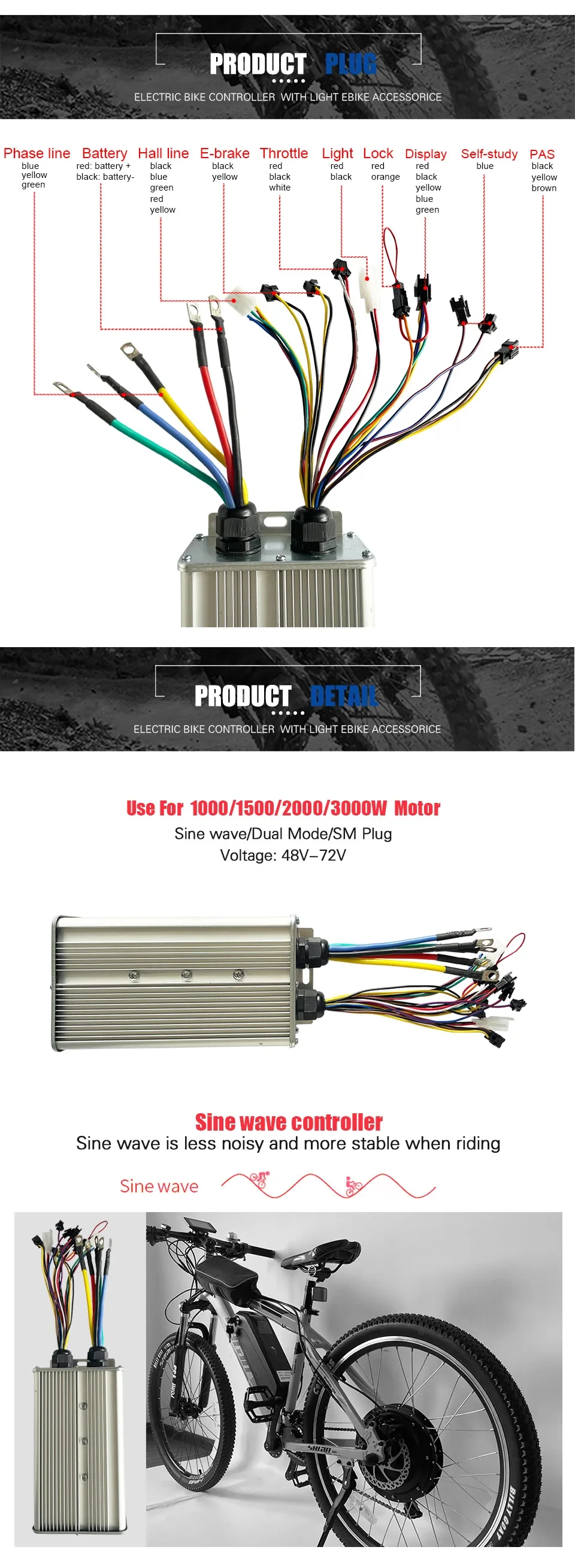 Ebike Controller 48V-72V 1000W-3000W Sinewave LCD Display