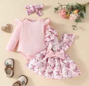 Baby Long Sleeved Ruffled Small Flying Sleeve Round Neck Bow Sweet Shoulder Strap Dress