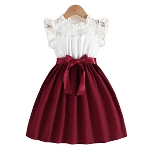 Children's Summer Casual Green & Pink Patchwork Dress with Lace Sleeveless Formal Style Dress for Girl