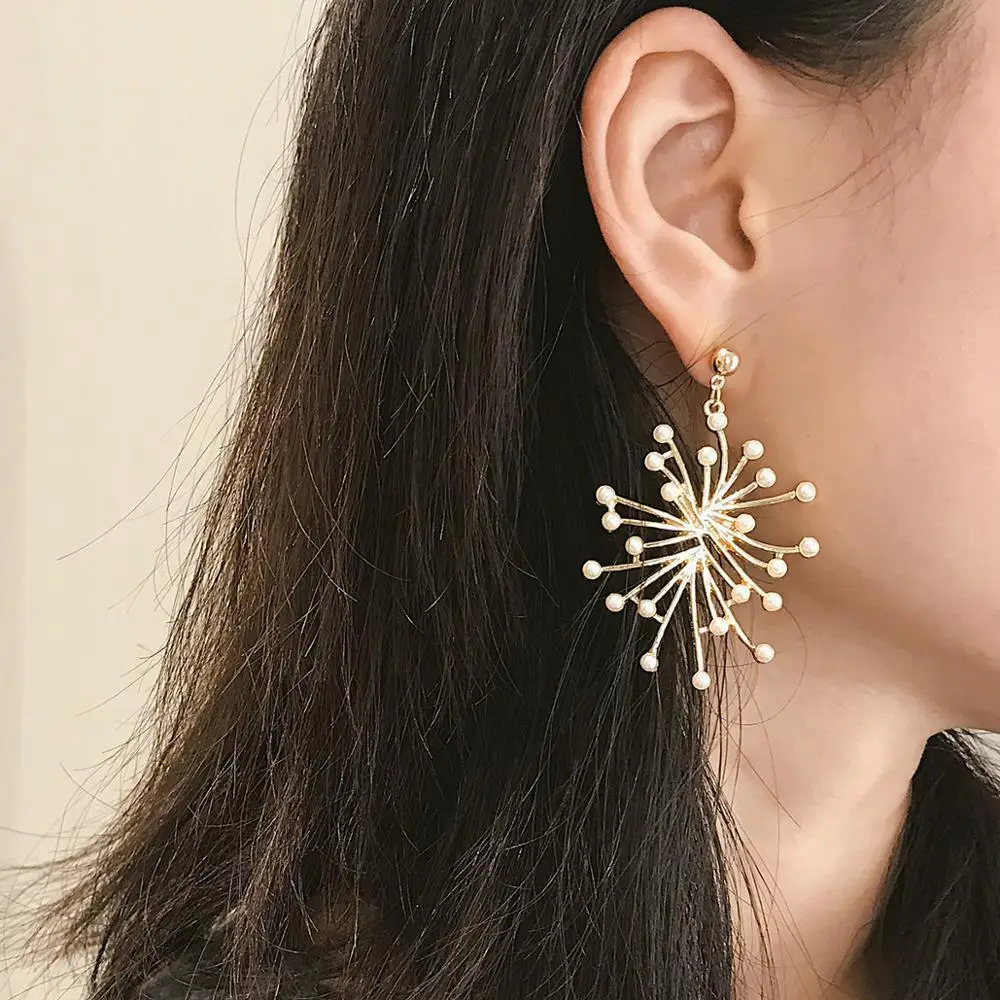 Elegant Women Pearl Geometry Statement Round Alloy Dangle Drop Earrings Jewelry