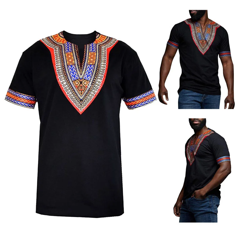 Baigooswt Men Dashiki Floral Shirts African Print Short Sleeve Tee Graphic Tops V Neck Fashion Summer T-Shirt Tee 