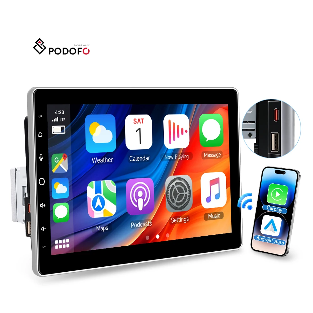 Podofo 1 Din 10.1'' Car MP5 Player Car Radio Wireless CarPlay/Android Auto IPS Touch Screen +Mic Type-C USB BT OEM ODM Wholesale A4746