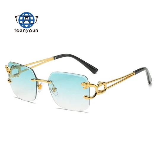 Teenyoun Multi Color 90S Rectangle Small Frame Sun Glasses Woman Man Tiger Design Transparent Metal Square Rimless Sunglasses