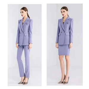Customizable 2-Piece Purple Woven Dress Trousers Set for Women Formal Office Wear Ladies Suits Button Short for Spring/Summer