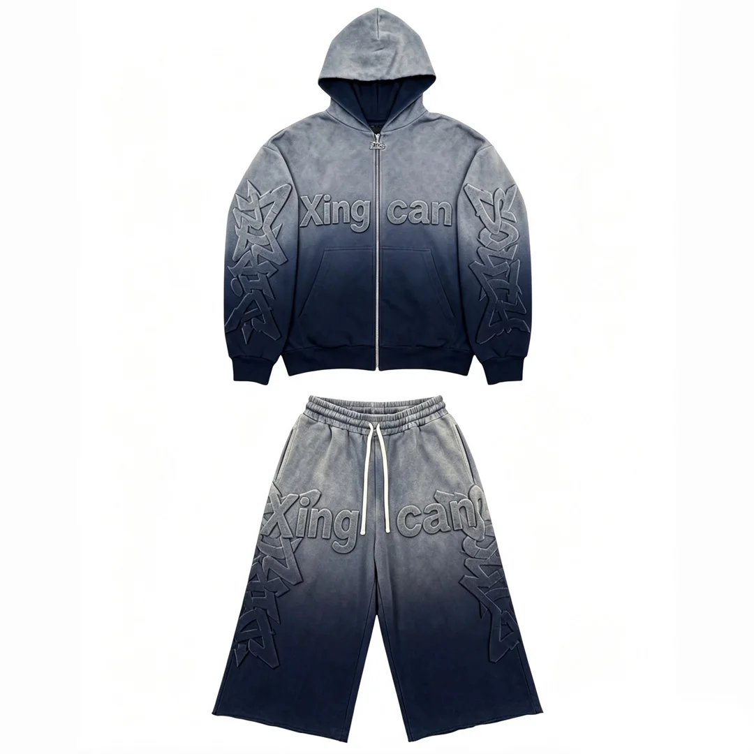 Brugerdefineret unisex streetwear-tostyks tracksuit, gradientvasket, forældet og præget med prægning og prægning i relief, 7/8-bukser med bredt ben, OEM-parti