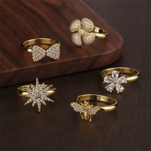 Bulk Wholesale Fashion Rings for Women Girl Brass Copper Real 18K Gold Plated Zircon Ring Trendy Design Gemstone Jewelry