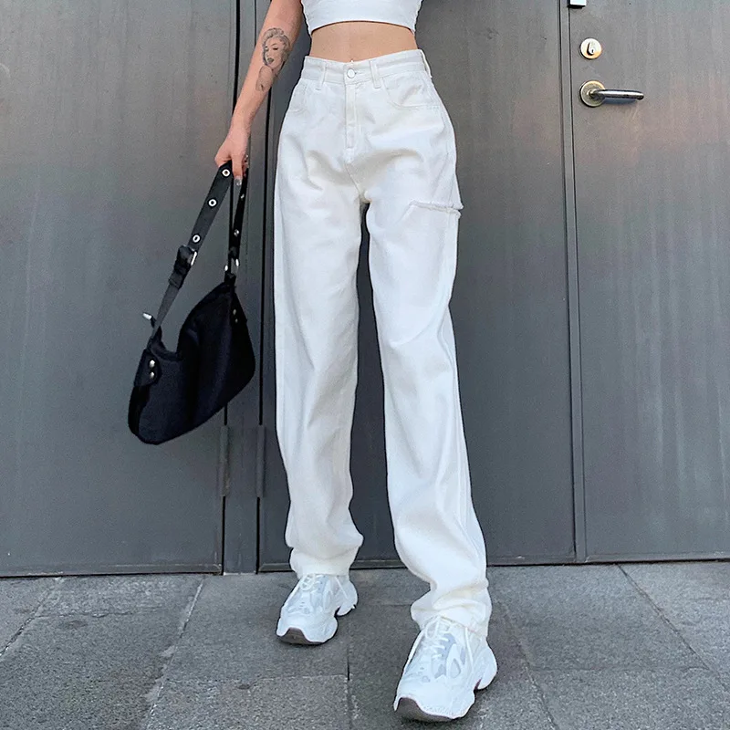 Strappato Bianco Dei Jeans Delle Donne Pantaloni Cargo Moda Streetwear Dei  Jeans A Vita Alta Vintage Etero Gamba Harajuku Boyfriend Denim Pantaloni -  Buy Vintage A Vita Alta Fidanzati Mamma Y2k Del