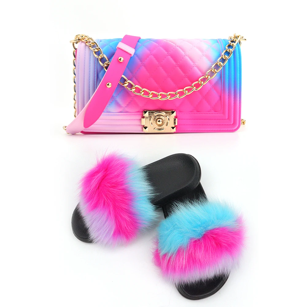 Fur slides with matching purse online wholesale