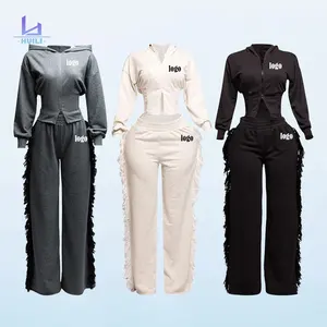 Huili Oem 100% Cotton Sports Two Piece Zip up Slim Fit Cropped Top & Pants Tracksuits 2025 Baggy Sweatpants and Hoodie Set Women