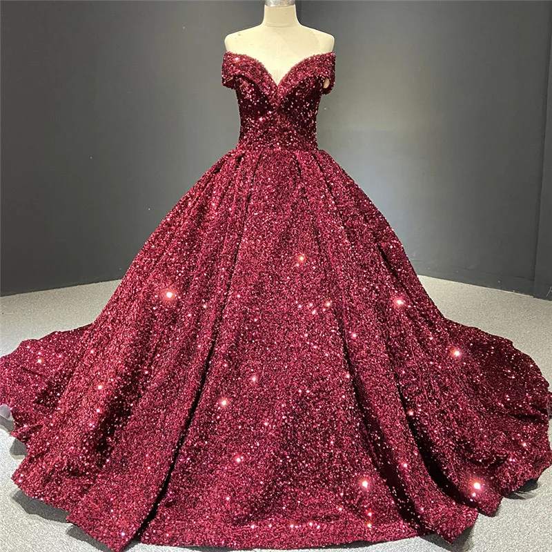 2024 Bride Off-Shoulder Ball Gown Wedding Dress Modern European American Sequins Dream Princess Trailing Performance Tutu Skirt