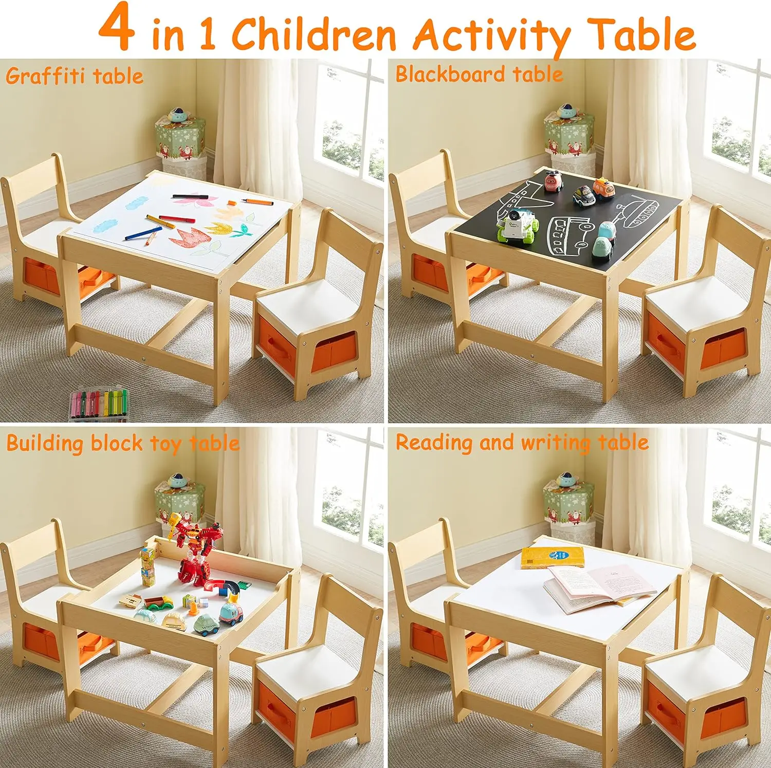 Detachable Sensory Table and Chair Set for Children, 3 in 1 Wooden Toddlers Drawing Table with Storage Drawers