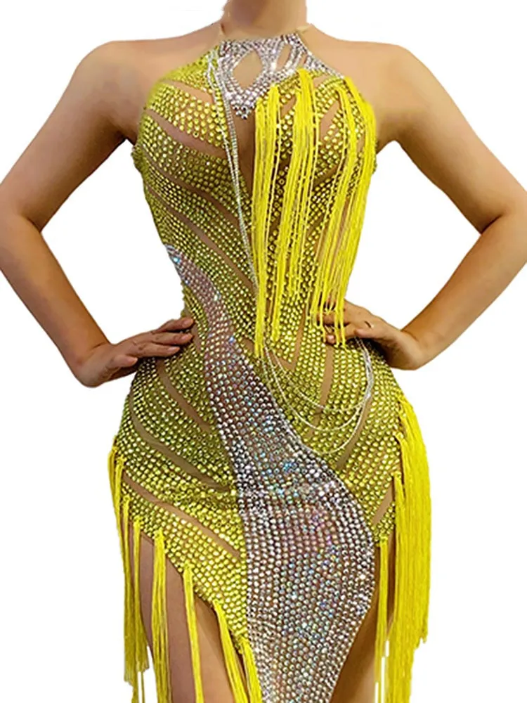 Novance Plus Size Spring Outfit Fringe Dress Tassel Sexy Hollow Out Dress  Long Fringed Beaded Women Vestido Dorado De Fiesta