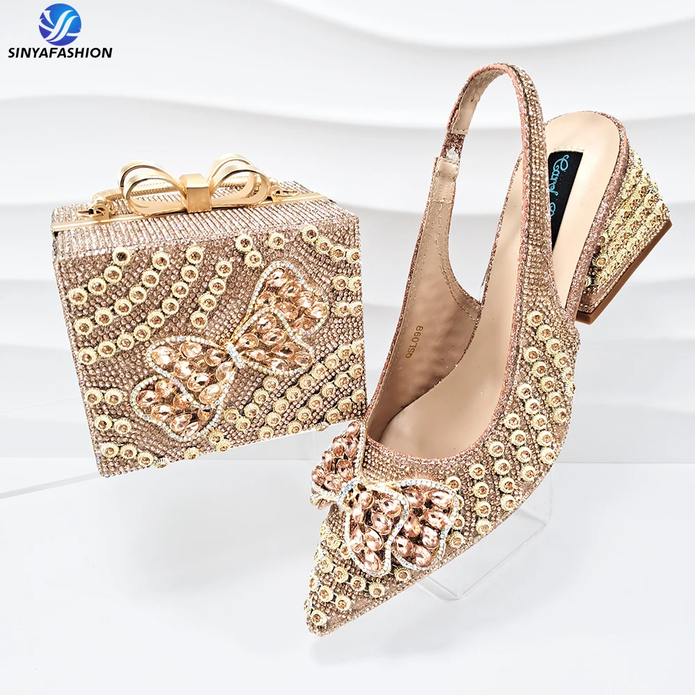Sinya Flower Shoes Bag Set With Stones Beautiful Italian Shoes to Match Bag Set Women Party Shoes Set