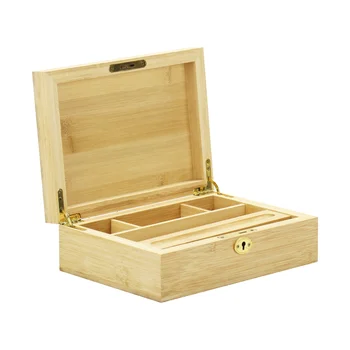 FSC&BSCI Bamboo Wooden Stash Box with Lock, Wooden Rolling Tray and Glass Storage Jars Storage and Rolling Box