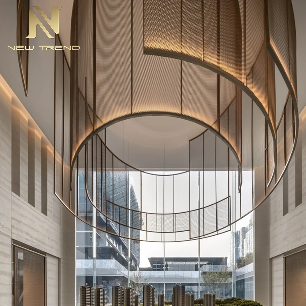 CPL-471 Çağdaş Eğri Metal Örgü Asma Lamba – Üst düzey restoranlar için büyük boyutlu özel mimari LED sanat kurulumu