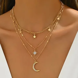 MW Women's Fashion 18K Gold-Plated Necklace with Diamond-Inlaid Five-Pointed Star and Crescent Pendants, Multi-Layered