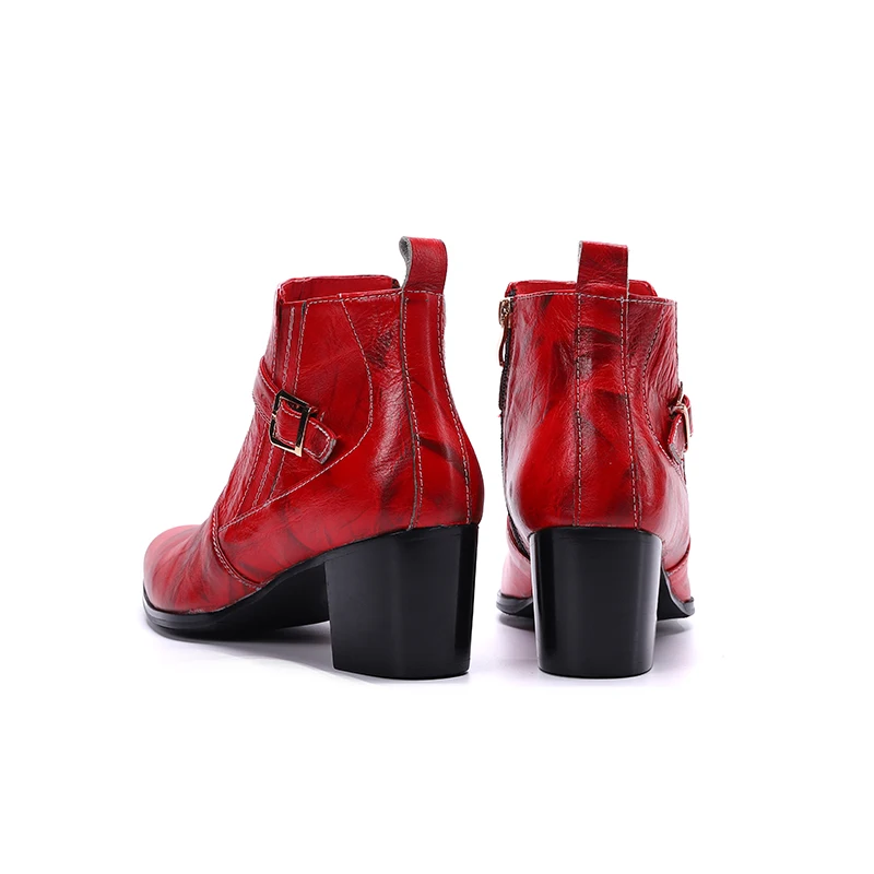NA441 Red Genuine Leather Men High Heel Boots Pointed Toe Party Dress Shoes Nightclub Jazz Dancer Man Short Boots