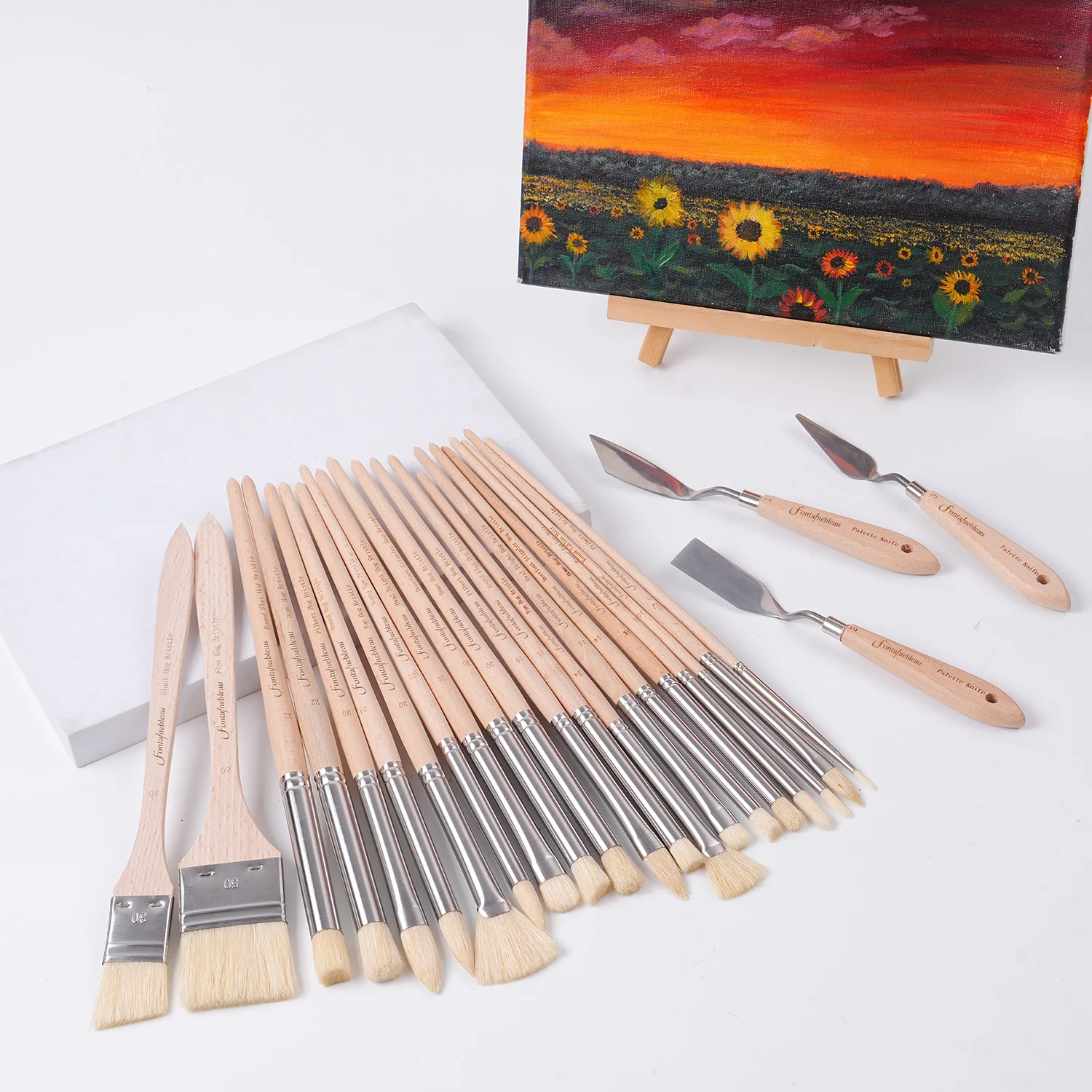 Fontainebleau New Arrival 24pcs Oil Brush Set Hog Bristle Wooden Handle Artist Paint Brush for Acrylic Oil Paiting