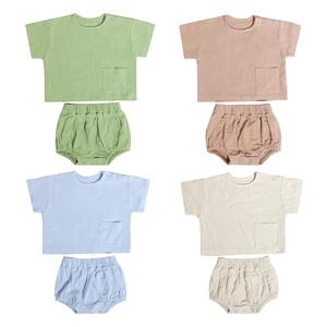 2026 Summer Short Sleeve Children 70%Rayon 30%Linen Newborn Baby Girls Solid Color Kids Clothing Sets