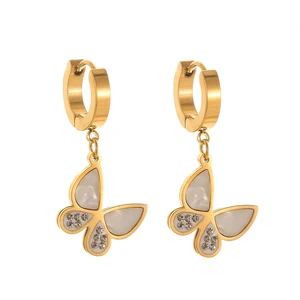 Best Selling Bling Bling Crystal Butterfly Earrings Stainless Steel Natural Stone Rhinestone Butterfly Huggie Zircon Earring