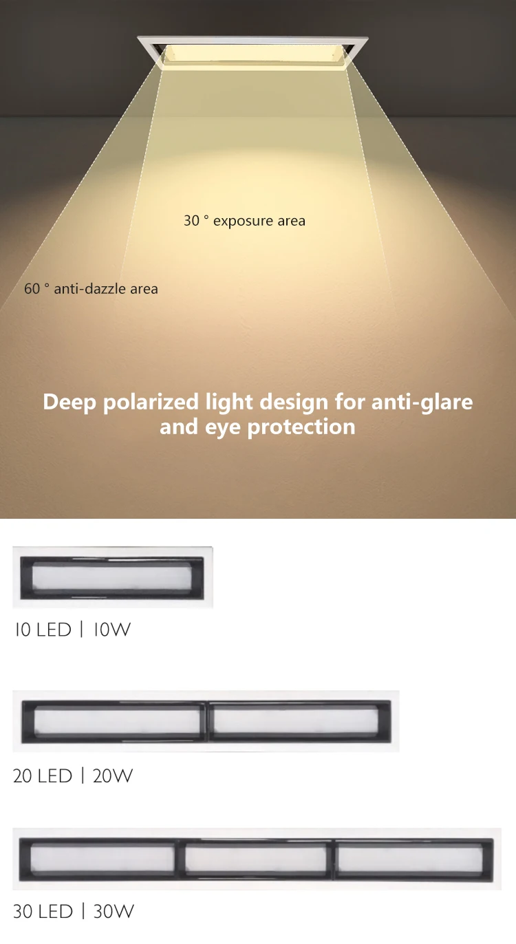 Wide Beam Angle Blade Black White Grey Tri Light Color SMD Office 10W 20W 30W Led Linear Down Light
