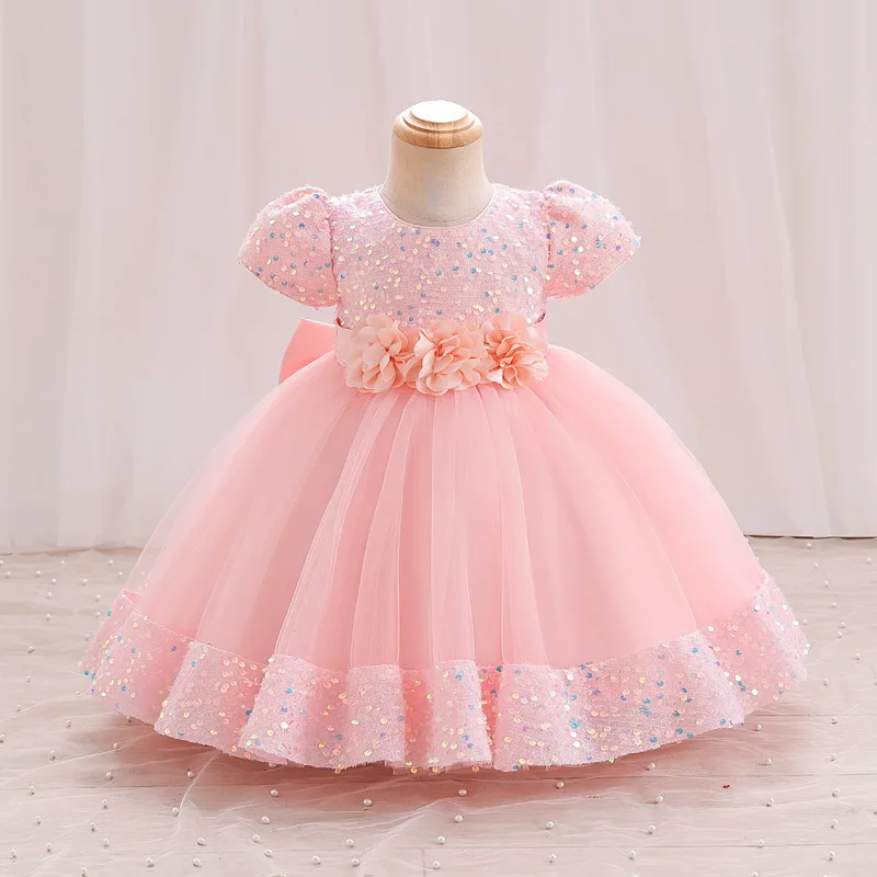 Cute Pink Short Sleeve A-line Sequin Princess Dress For Girls