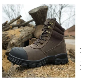 Men's Brown Crazy Horse Leather Safety Boots High Cut Steel Toe Work Style for All Seasons-Winter Summer Spring Autumn