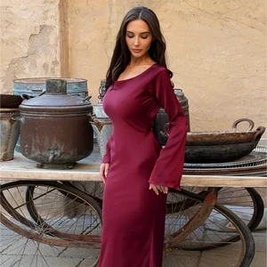 Wholesale Elegant Back Lace up Satin Cellulose Acetate Maxi Dresses Women Long Sleeve Dress