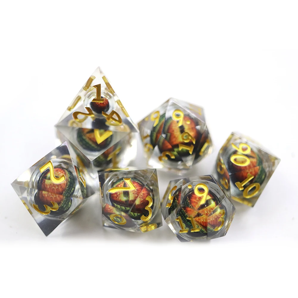 Custom Resin Dice 7pcs DND sharp Edge Red Dragon Eye Ball Core Dice Set with Gold Number