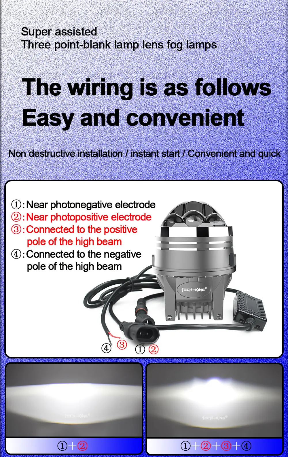 TECH-KING 75W Bi LED laser fog lights Tri-colors high power for car with 3 laser 3 inch Bi ed projector Lens Led Fog Bulbs