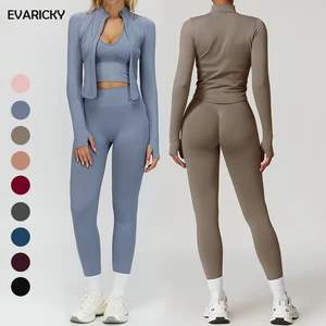 Evaricky Seamless Yoga Pant Yoga Leggings Sports Bra Yoga Jacket Woman Yoga 3 Piece Workout Set Women Clothing Activewear Sets
