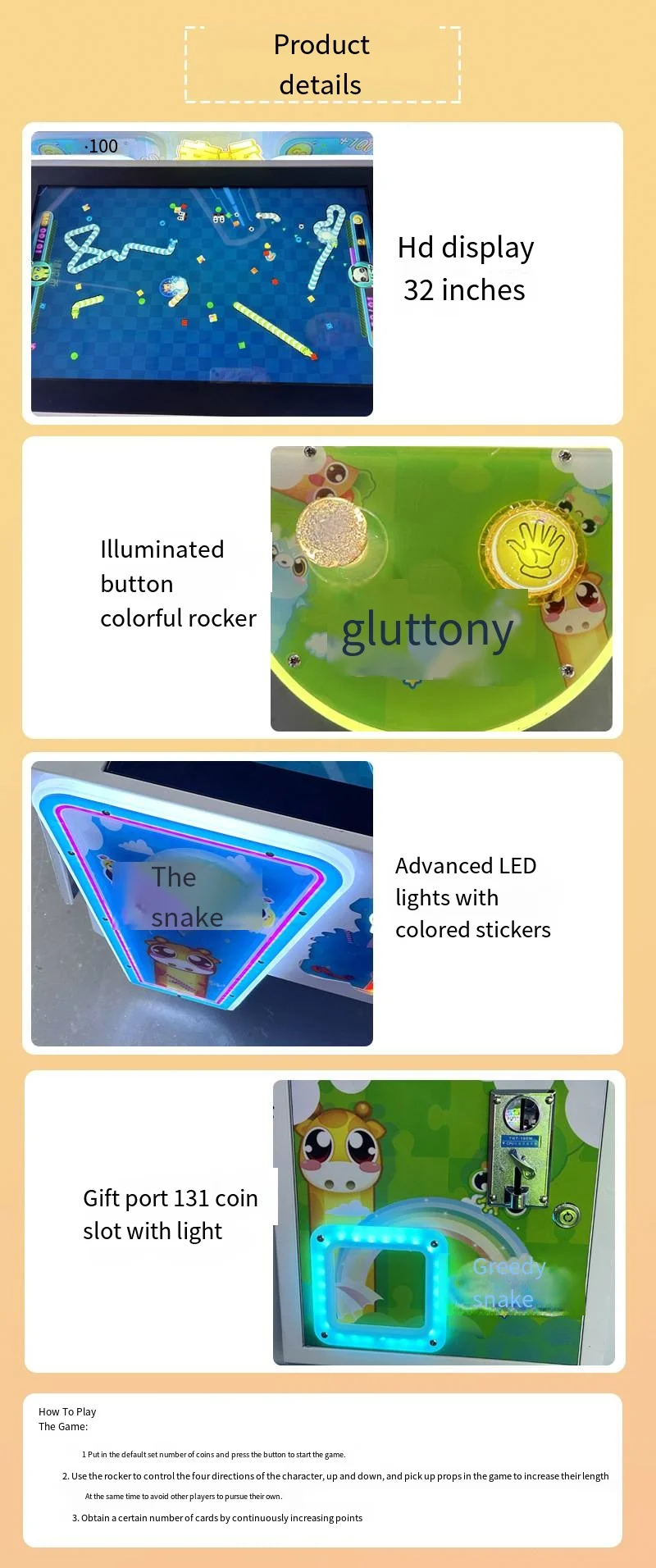 Small Coin-Operated Snake Puzzle Video Game Machine English Language Entertainment Equipment for Fun & Challenge Gift