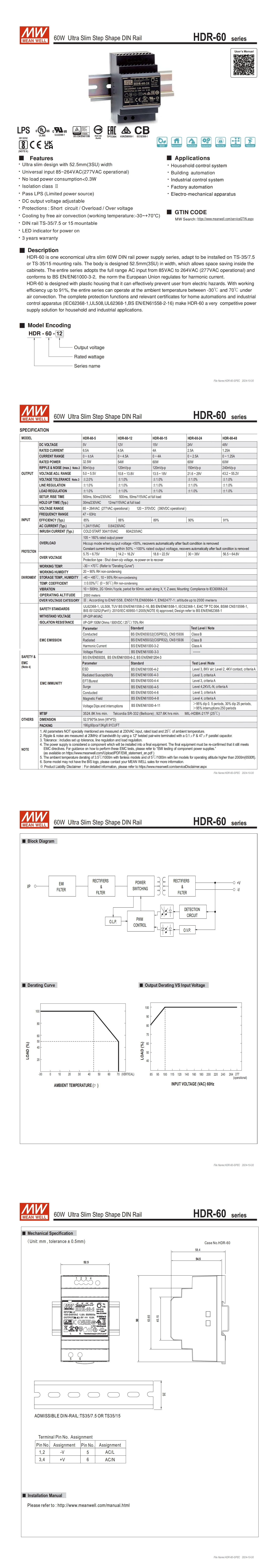 MeanWell Industry Single Output 10A Power Supply HDR-15-24/5/12 HDR-30-5/12/15/24/48v HDR-60-5/12/24/48 HDR-100-12/24/48N 48V