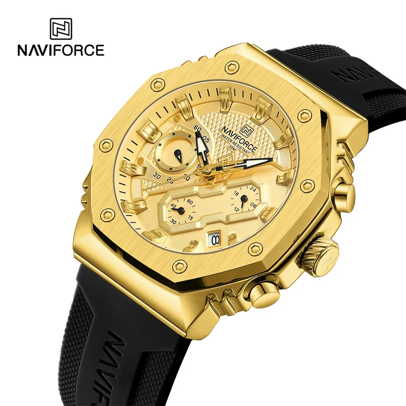 NAVIFORCE jam tangan pasangan Pria Wanita, jam tangan kustom olahraga  silikon emas tiga jarum kecil bercahaya Logo OEM 8035 GBB