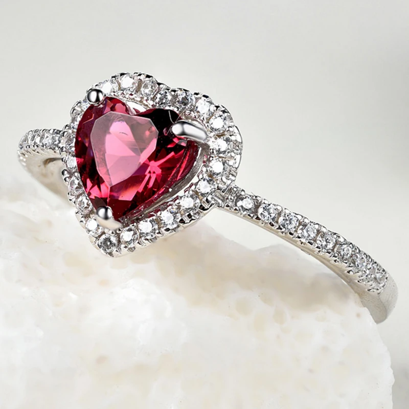 Ladies Charm Solid 925 Sterling Silver Cut Red Zircon Heart Band Ring Size 6-10 