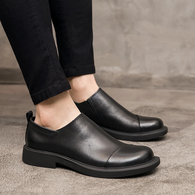 Wholesale Black Monochrome Cheap Official Big Mens Genuine Leather Shoes