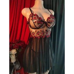 2026 New Arrival Premium Lace Mesh Women's Sexy Lingerie Breathable Strapless 2-Piece Nightgown Dress Set