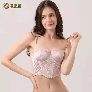 French Style Glossy Intimates Long Wire-Free Bra Sexy Vest Fishbone Design with Small Breasts Body Shaping Lace Bra for Women