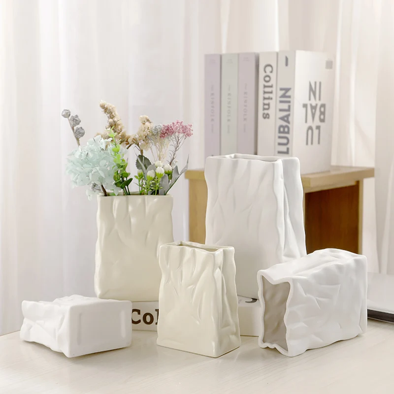 Factory Wrinkled Paper Bag Vase Ceramic Flower Pot for Home Garden Tabletop White Vases for Decor