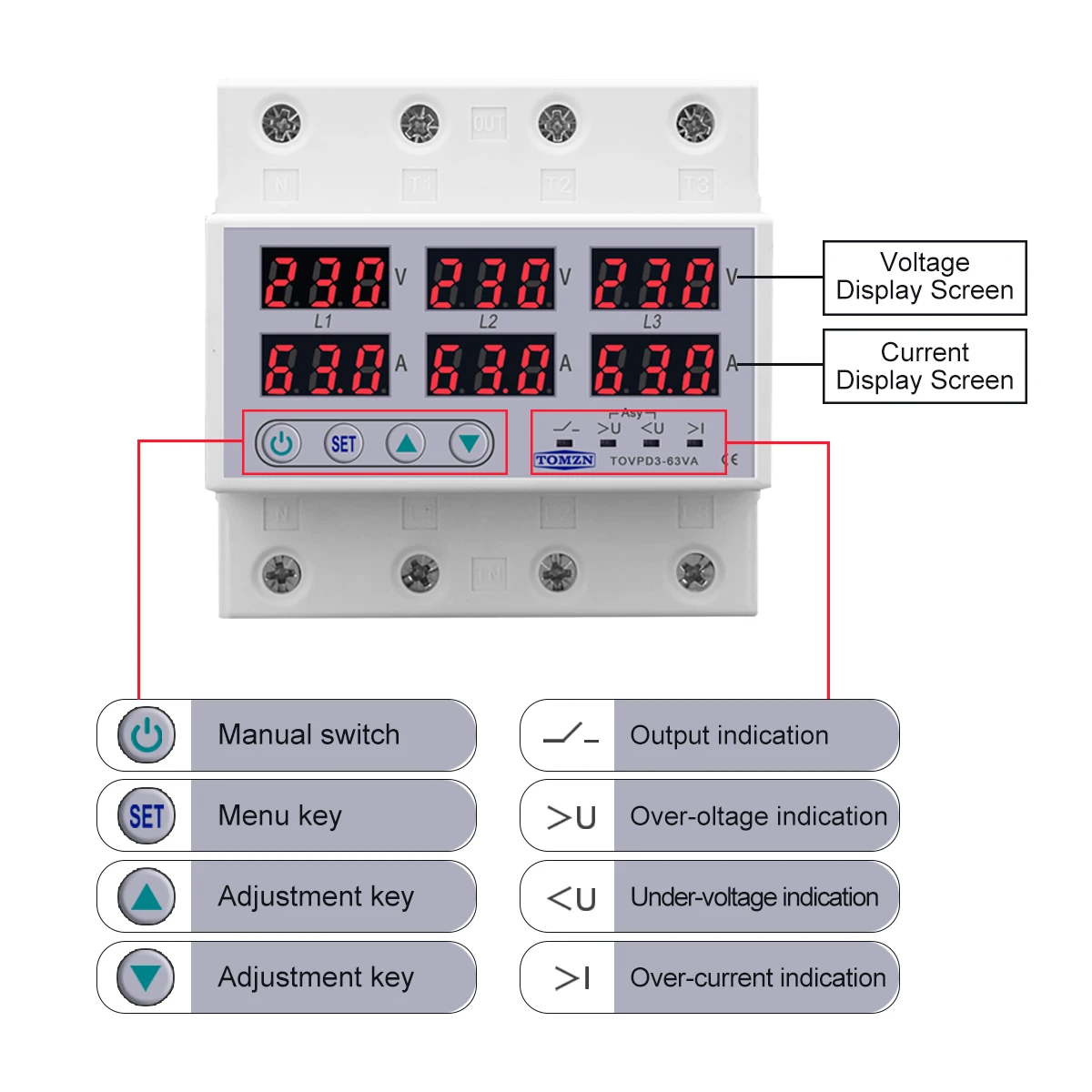 3-fase DIN-rail Voltmeter Ampèremeter Multitester, Elektriciteitsmeter DIN-rail Automatische Overspanning Overstroombeveiliging AC 390‑500V (63A