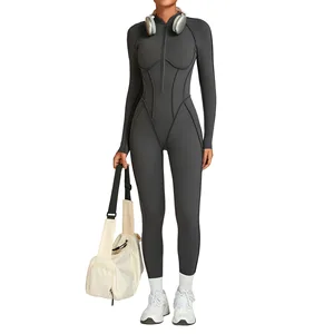 Women's Long Sleeve Gym Jumpsuit Wholesale One Piece Half Zip Workout Clothes Sports Yoga Fitness Bodysuit